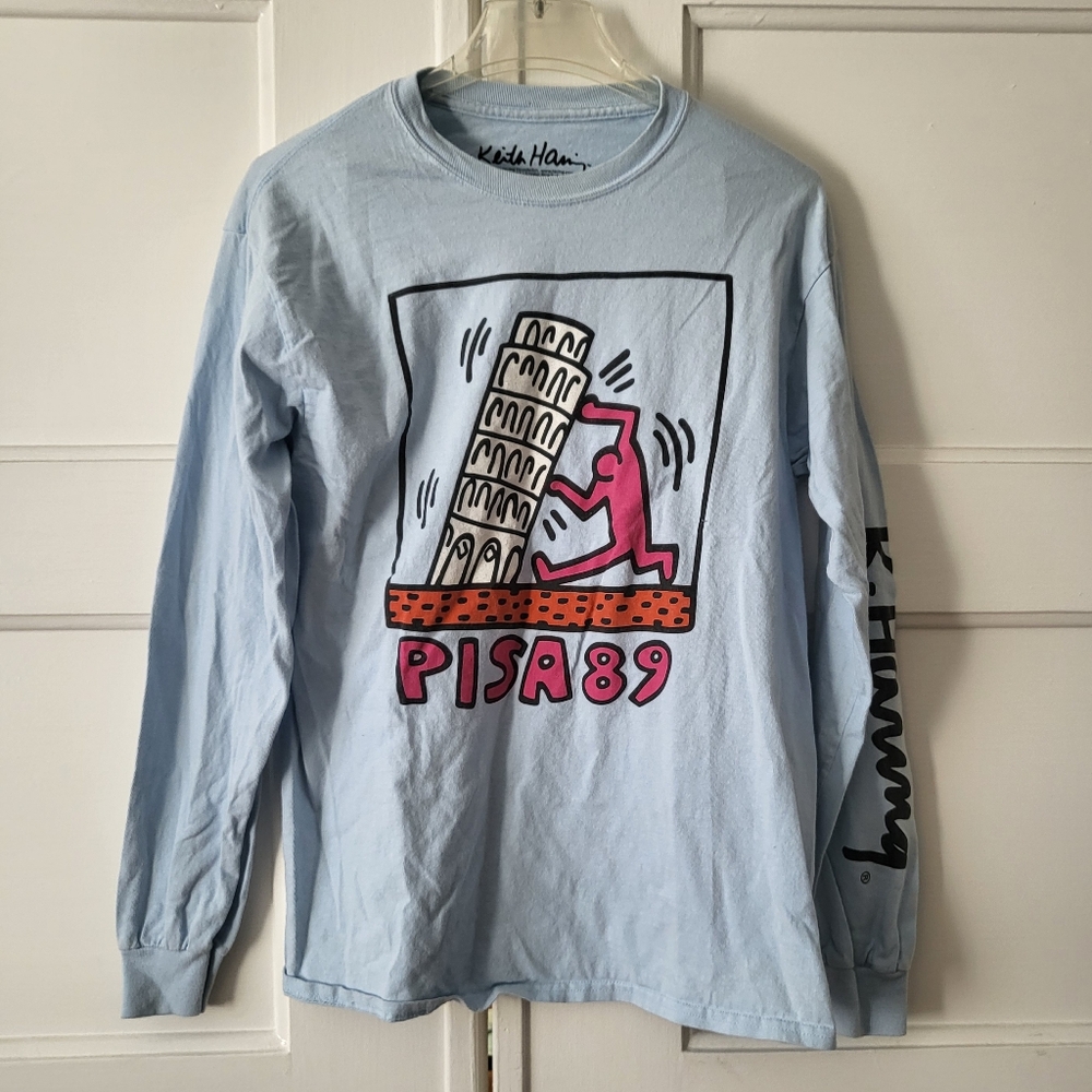 Keith Haring Leaning Tower of Pisa 89 Unisex Size M Lt Blue Long Sleeve T-Shirt